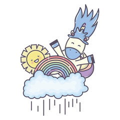 cute adorable unicorn with clouds rainy and rainbow