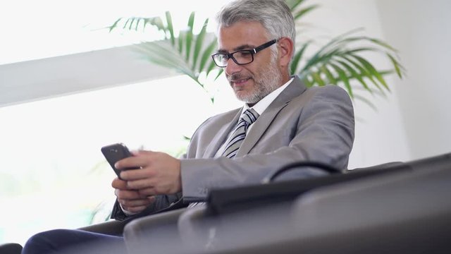 Corporate executive on cellphone waiting in lobby