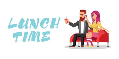 Young redheaded bearded man and girl with pink hair in knee highs sitting on sofa and drinking beverages. Colleagues or loving couple having meal period, dinner break together. Lunch time lettering.
