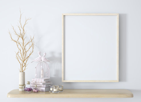 Branch in white vase on the wooden shelf with frame background 3d rendering © innluga