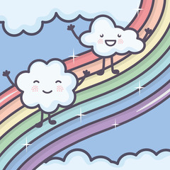 clouds sky with rainbow weather kawaii characters