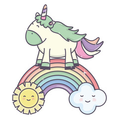 Fototapeta premium cute unicorn in rainbow with clouds and sun kawaii characters