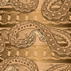 Seamless pattern. Snakes on the background with a snake skin texture. Gold foil print.
