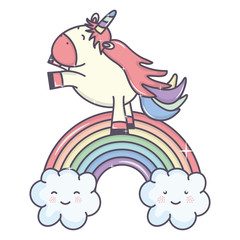 Obraz na płótnie Canvas cute adorable unicorn with clouds and rainbow