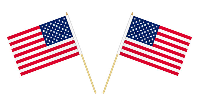 Two US flags isolated on white background, vector illustration. USA flag on pole