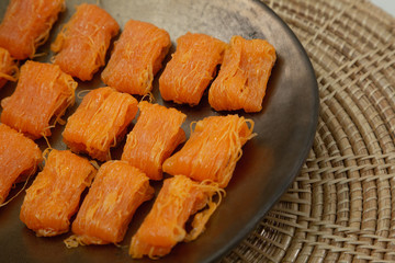 Close up homemade Dessert made from egg yolks or Thai desserts. (Selective focus)