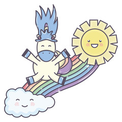 cute unicorn in rainbow with clouds and sun kawaii characters
