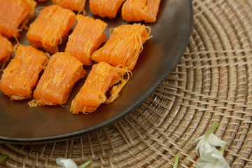 Close up homemade Dessert made from egg yolks or Thai desserts. (Selective focus)