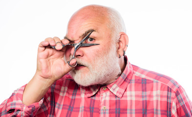 Obraz premium shaving tool kit. mature bearded man isolated on white. cut hair with scissors. unshaven old man has moustache and beard. barbershop concept. shaving accessories. Add some action to your life