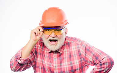 professional repairman in helmet. architect repair and fix. engineer worker career. mature bearded man in hard hat. man builder isolated on white. professional skills. build and construction