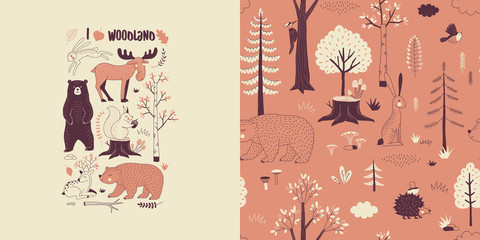 Forest wildlife childish fashion textile graphics set with t-shirt print and accompanied tileable background in decorative Scandinavian style. Woody landscape elements Bear Hare Squirrel Moose Deer © AngellozOlga