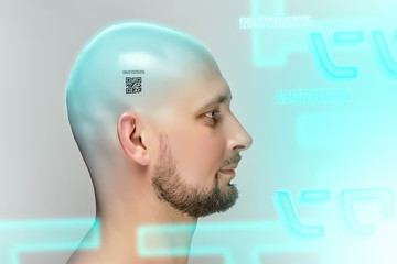 Profile of bald man with QR code on head on gray background in studio.