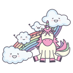 cute adorable unicorn with clouds and rainbow