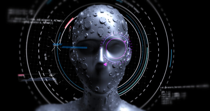 Futuristic Humanoid Male Robot Analyzing Data - Technology Related 3D Illustration Render Concept