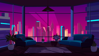 Living room interior with panoramic window at night time, dark apartment with extinguished light, furniture and floor-to ceiling glass wall with futuristic neon city view, Cartoon vector illustration