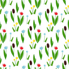 Vector cartoon background. Seamless pattern with wild flowers, dandelions, tulips, reeds. Children’s book style. Perfect for kids room wallpaper, cotton, textile. Cute ornament, texture
