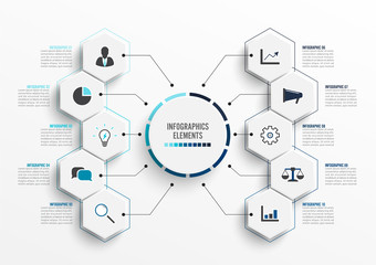 Vector infographic template with 3D paper label, integrated circles. Business concept with 10 options. For content, diagram, flowchart, steps, parts, timeline infographics, workflow, chart.