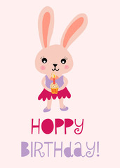 Happy birthday bunny cute vector illustration for kids birthday card. Hoppy birthday with rabbit holding a cupcake with a candle. 