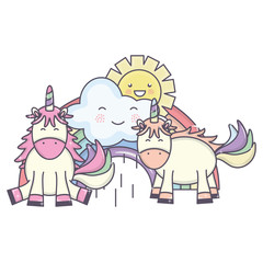 Obraz na płótnie Canvas cute unicorns in rainbow with clouds and sun kawaii characters