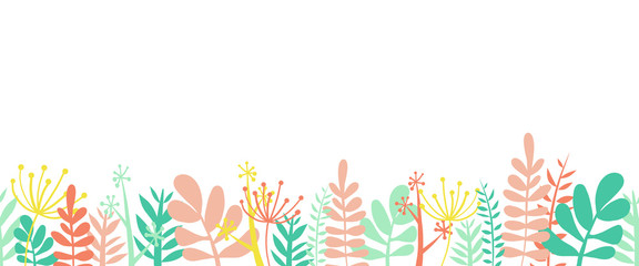 Leaves summer border frame bottom horizontal seamless vector illustration. Flowers, leaves and stems decorated border frame in summer spring colors. Floral foliage garland flat Scandinavian style. 