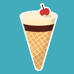 Vector illustration of ice cream in cartoon style with bright colors and shadows. Ice cream cone with cherry on top. Sticker, patch or pin in the form of ice cream. Ice cream label or logo. 