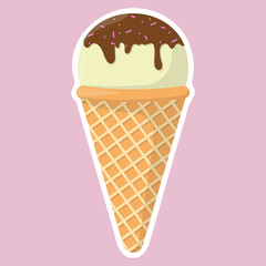 Vector illustration of a sticker in the shape of ice cream. Cute ice cream in a cartoon style. Vanilla ice cream poured with chocolate.Sticker, patch or pin in the form of ice cream. 
