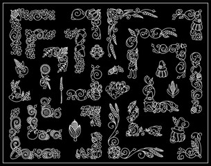 Vector vintage elements for design, black and white. Cute corners, dividers, tiny arts in Thanksgiving Day theme. Turkey, pumpkins, birds, vine, maize, ears of wheat, acorns, leaves. Chalkboard style