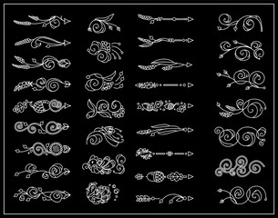 Vector vintage elements for design, black and white. Cute arrows, indexes, dividers, tiny arts in Thanksgiving Day theme. Turkey, birds, vine, maize, ears of wheat, acorns, leaves in chalkboard style