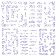 Large collection of elements for design. Lovely corners, frames, arrows, dividers, signs and symbols consist from wave branches, leaves, turkeys, birds, ears of wheat, apples and flowers