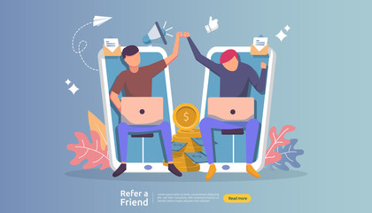 refer a friend affiliate partnership and earn money. marketing concept strategy. people character sharing referral business. template for web landing page, banner, presentation,poster, or print media - obrazy, fototapety, plakaty