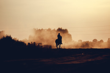 Obraz na płótnie Canvas Silhouette of a rider on a horse at sunset