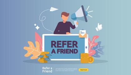 affiliate marketing concept. refer a friend strategy. people character shout megaphone sharing referral business partnership and earn money. template for web landing page, banner, poster, print media