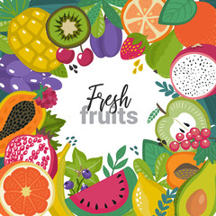 Vector frame with different tropical exotic fruits and brries in flat simple style.