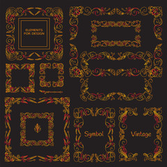 Vector set of calligraphic elements for design. Square, rectangle, section, module, template for logo, monogram, frames, boxes, vignette. Premium gold ornate elements
