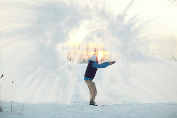 frost effect hot water freezes man pours boiling water