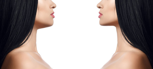 Comparison of female chin before and after plastic surgery isolated on white 