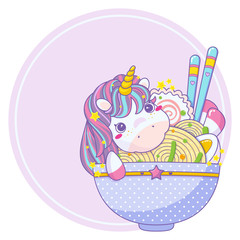 Vector cartoon print with kawaii unicorn sitting on ramen plate with lilac round frame. Anime style art, ramen, noodles, narutomaki, egg, chopsticks, onion and spice Asian food elements