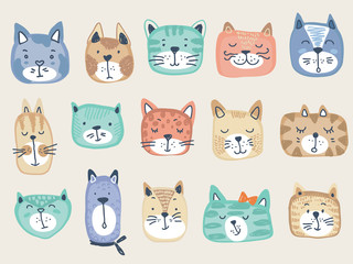 Obraz na płótnie Canvas Vector collection of colorful cat faces. Funny illustration for children