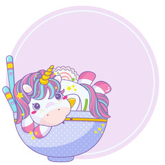 Vector cartoon print with kawaii unicorn sitting on ramen plate with lilac round frame. Anime style art, ramen, noodles, narutomaki, egg, chopsticks, onion and spice Asian food elements