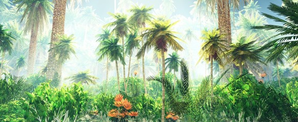 Blooming jungle in the fog, flowers among palm trees, palm trees in the fog
