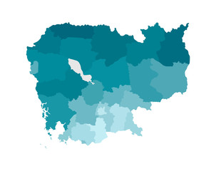 Vector isolated illustration of simplified administrative map of Cambodia. Borders of the regions. Colorful blue khaki silhouettes