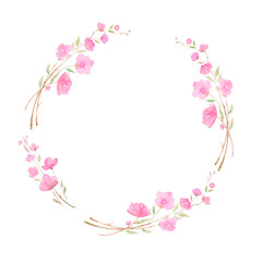 Fototapeta na wymiar Round wreath, frame with Cherry blossom, sakura, branch with pink flowers, watercolor illustration.
