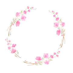 Round wreath, frame with Cherry blossom, sakura, branch with pink flowers, watercolor illustration.