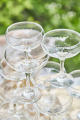 Pyramid of crystal glasses. Close-up