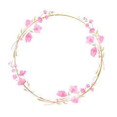 Round wreath, frame with Cherry blossom, sakura, branch with pink flowers, watercolor illustration.