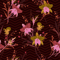 Trendy and Unique Seamless vector blooming orchid, floral summer pattern background in the garden. Design for wallpapers, web page backgrounds, surface textures, textile and all prints
