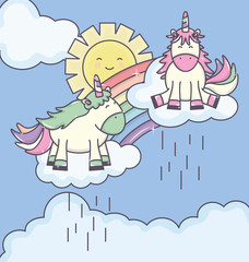 cute adorable unicorns with clouds rainy and rainbow characters
