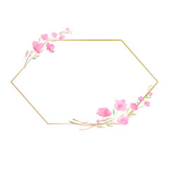 frame with Cherry blossom, sakura, branch with pink flowers, watercolor illustration.