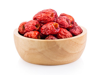 Jujube Chinese dried in wood bowl on white background. full depth of field