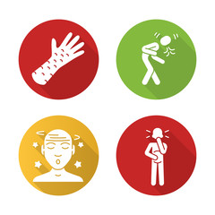 Viral infection symptoms flat design long shadow glyph icons set